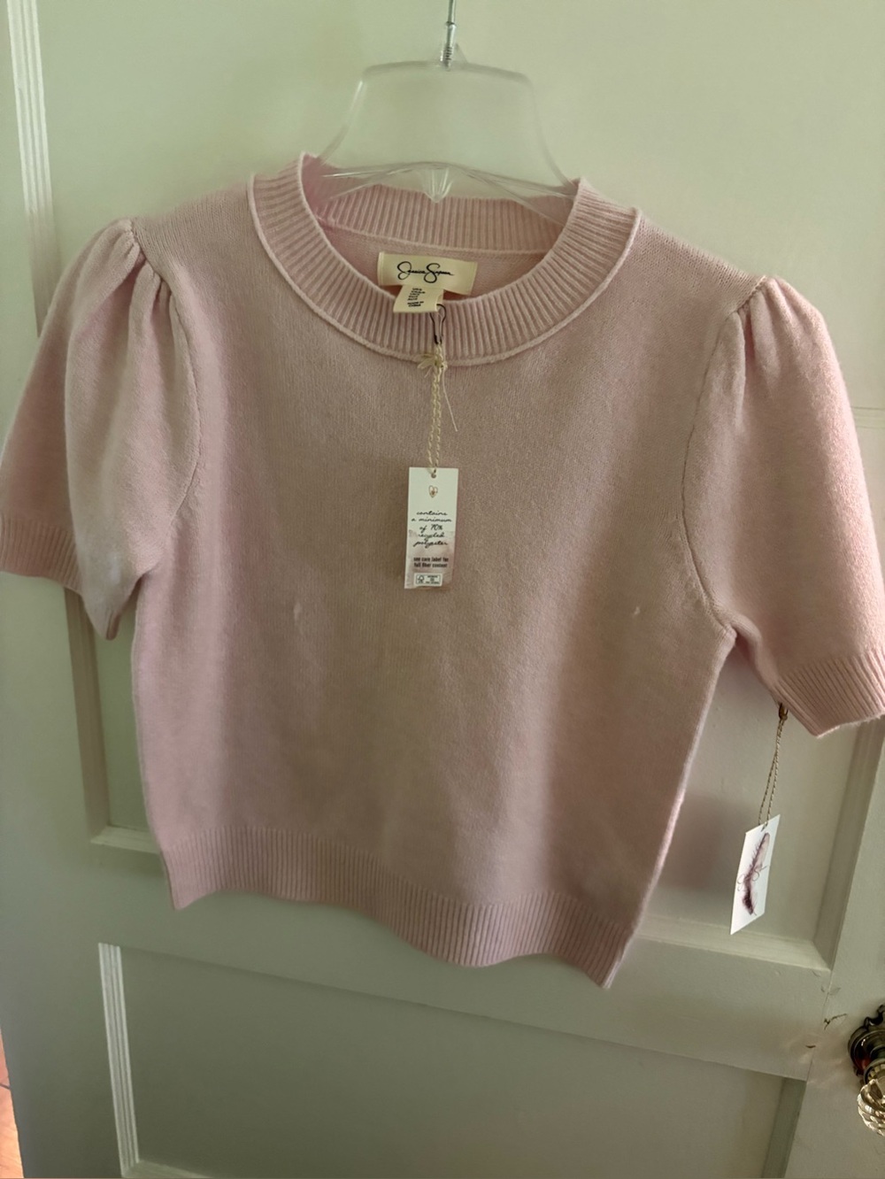 Jessica Simpson Pale Pink Puff-Sleeve Crewneck Sweater
